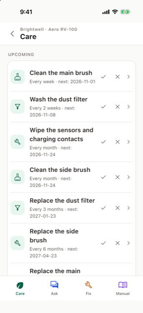 Fixby's Care screen: a real maintenance schedule and purchase/warranty details for a robot vacuum