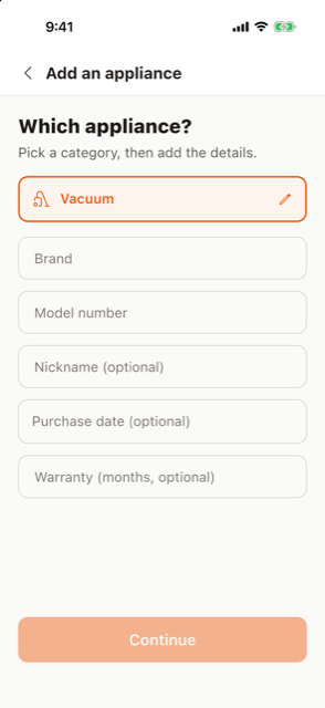 Fixby's add-appliance screen: category picker with Vacuum selected and the Brand and Model number fields still to fill in